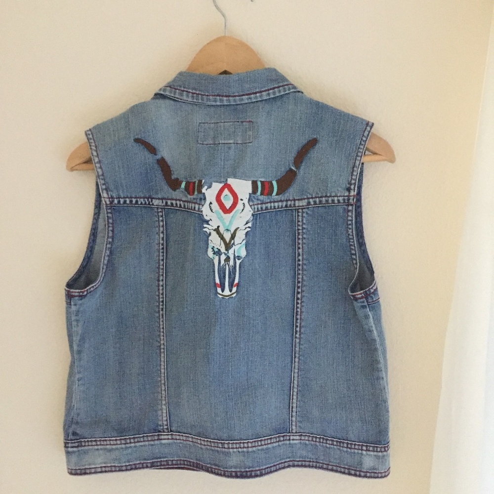 Ryan Michael Embroidered Denim Vest with Skull